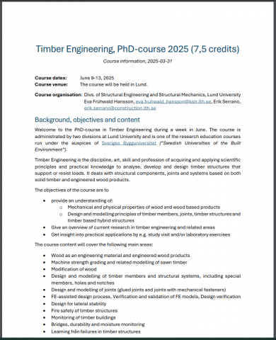 Timber Engineering PhD-course 2025