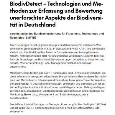 BMFTR-Förderbekanntmachung: „BiodivDetect – Technologien und Methoden zur Erfassung und Bewertung unerforschter Aspekte der Biodiversität in Deutschland“